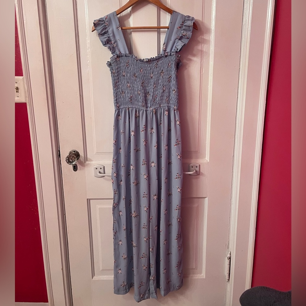 Floral Blue Wide-Leg Jumpsuit with Ruffle Straps